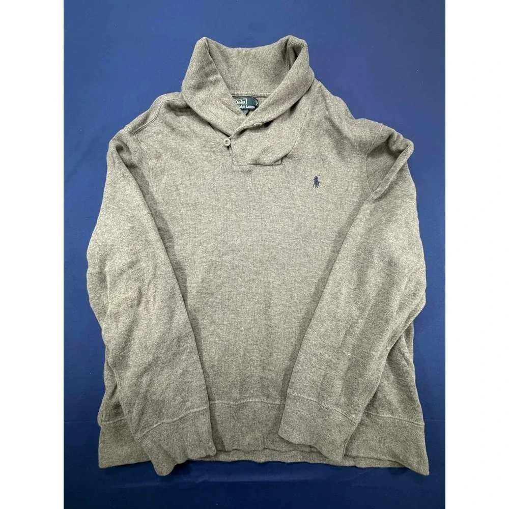 Polo Ralph Lauren‎ Shawl Collar Knit Sweater Pullover Size XXL 2XL Cotton Gray
